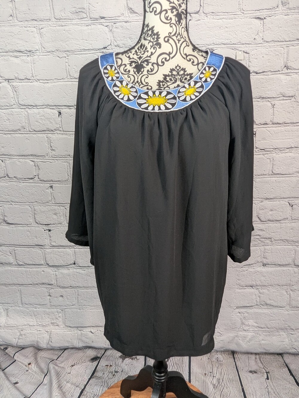 Bob Mackie Black Tunic with Blue & Yellow Floral Neckline B32